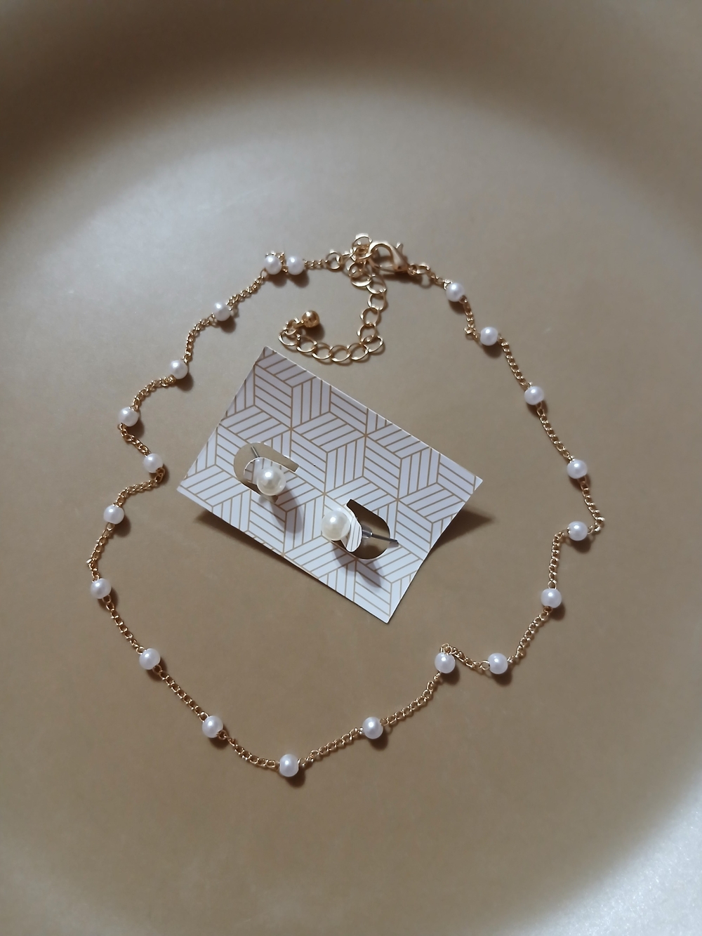 Gold Pearl Station Necklace and Stud Earrings Set